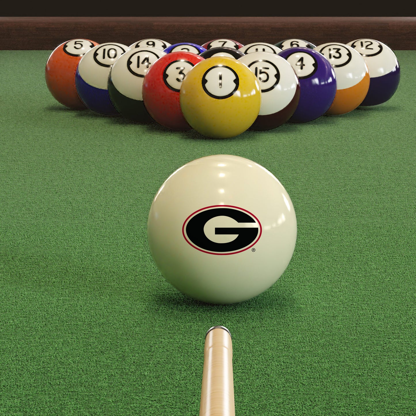 Official Georgia-Bulldogs-Pool-Cue-Ball Collegiate Cue Ball Lined Up on Green Felt Pool Table Surface with Billiard Ball Rack