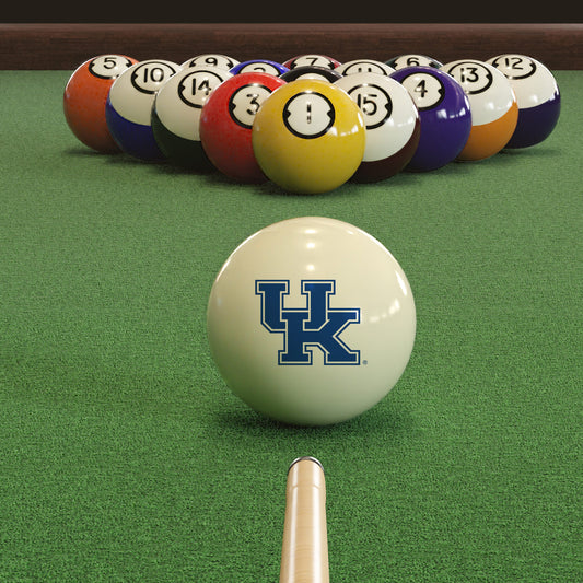 Official Kentucky-Wildcats-Pool-Cue-Ball Collegiate Cue Ball Lined Up on Green Felt Pool Table Surface with Billiard Ball Rack