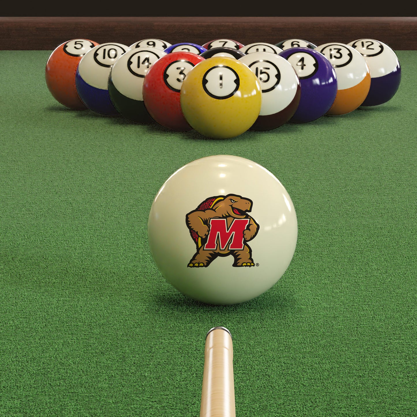Official Maryland-Terrapins-Pool-Cue-Ball Collegiate Cue Ball Lined Up on Green Felt Pool Table Surface with Billiard Ball Rack