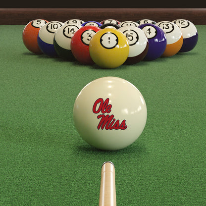 Official Mississippi-Rebels-Pool-Cue-Ball Collegiate Cue Ball Lined Up on Green Felt Pool Table Surface with Billiard Ball Rack