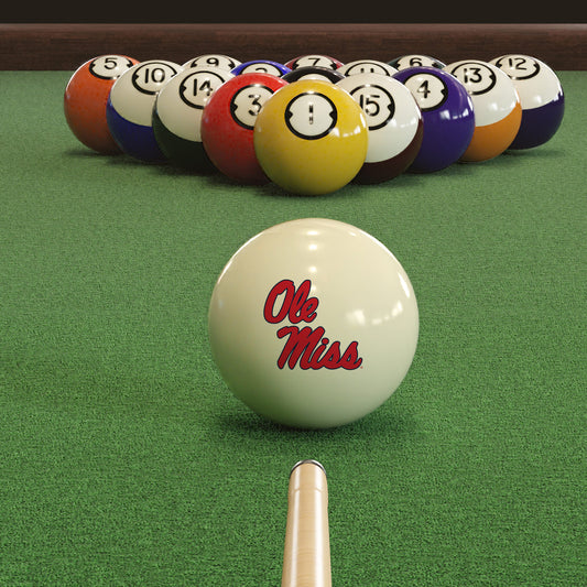 Official Mississippi-Rebels-Pool-Cue-Ball Collegiate Cue Ball Lined Up on Green Felt Pool Table Surface with Billiard Ball Rack