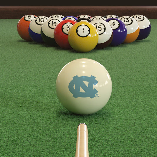 Official North-Carolina-Tar-Heels-Pool-Cue-Ball Collegiate Cue Ball Lined Up on Green Felt Pool Table Surface with Billiard Ball Rack