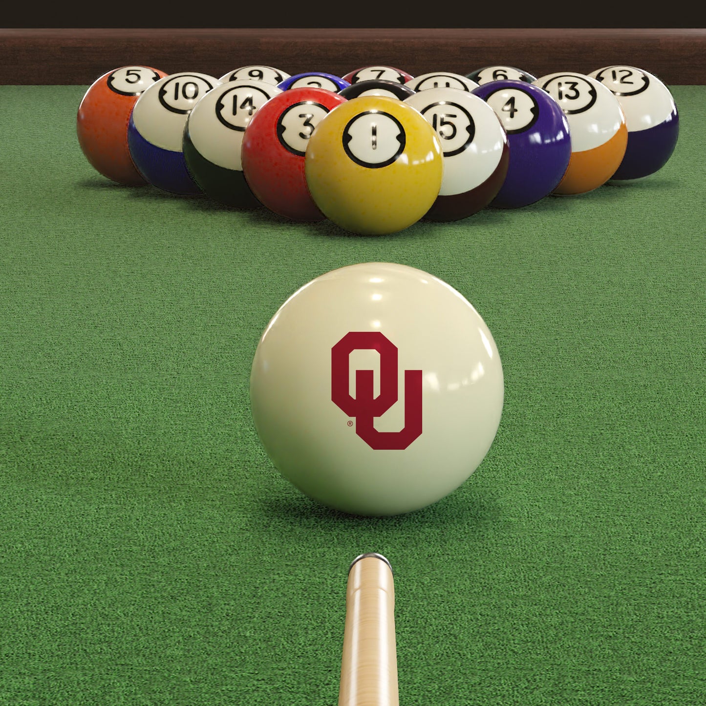 Official Oklahoma-Sooners-Pool-Cue-Ball Collegiate Cue Ball Lined Up on Green Felt Pool Table Surface with Billiard Ball Rack