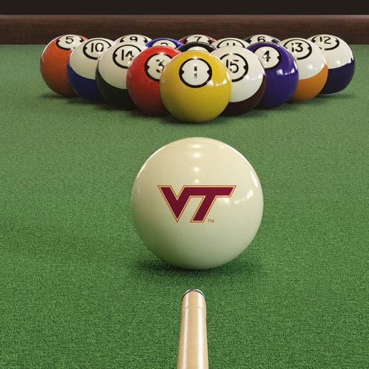 Official Virginia-Tech-Hokies-Pool-Cue-Ball Collegiate Cue Ball Lined Up on Green Felt Pool Table Surface with Billiard Ball Rack