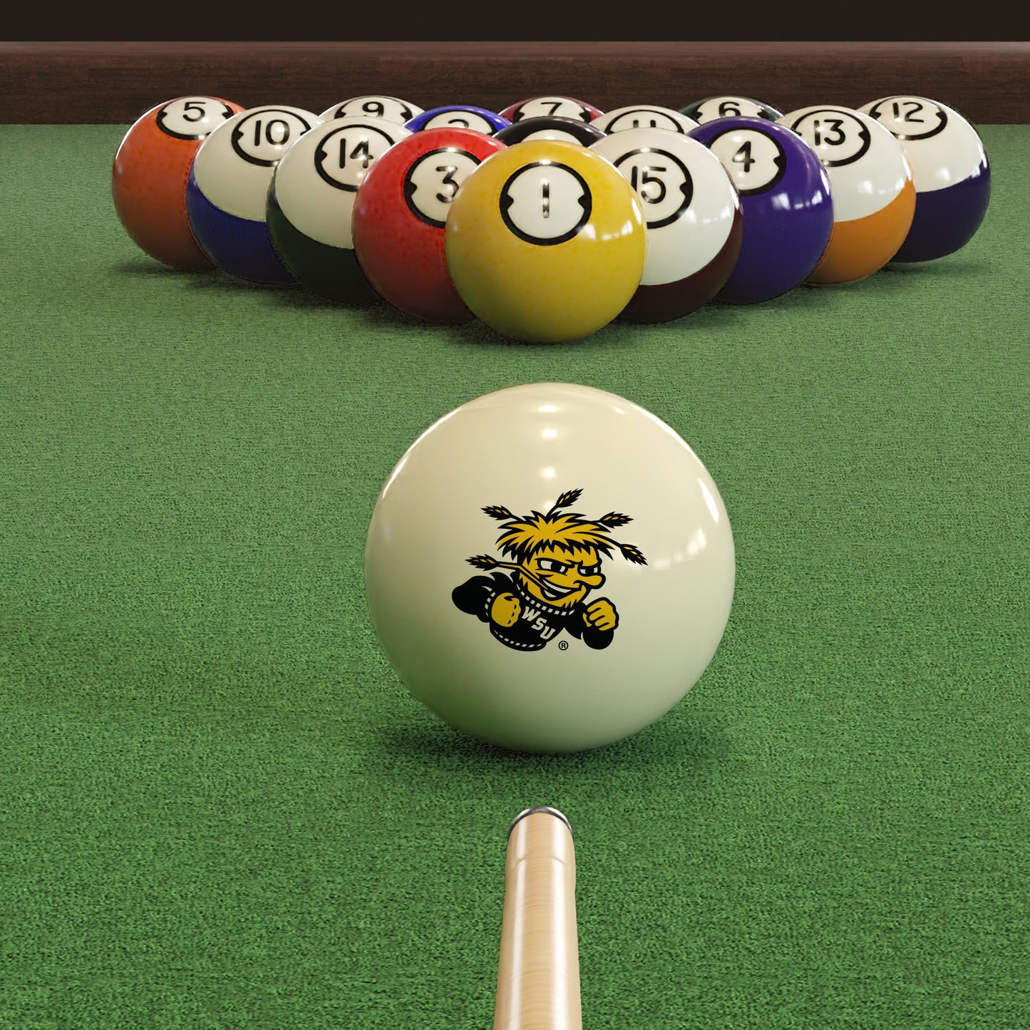 Official Wichita-State-Shockers-Pool-Cue-Ball Collegiate Cue Ball Lined Up on Green Felt Pool Table Surface with Billiard Ball Rack
