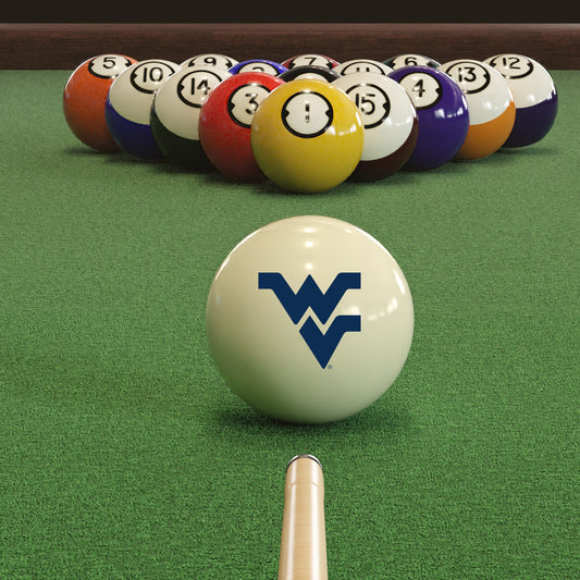 Official West-Virginia-Mountaineers-Pool-Cue-Ball Collegiate Cue Ball Lined Up on Green Felt Pool Table Surface with Billiard Ball Rack