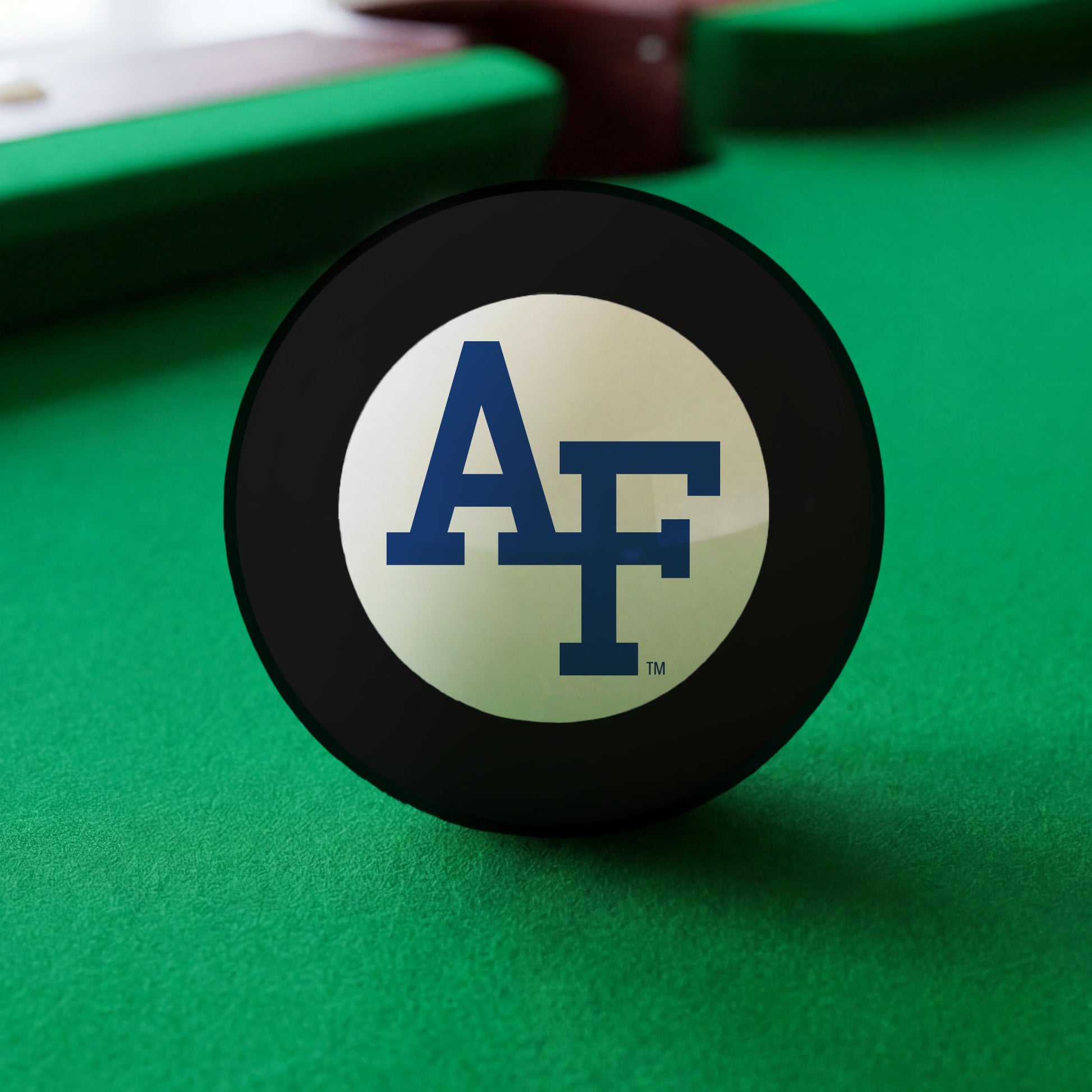 Official Air-Force-Falcons-Pool-8-Ball Collegiate 8-Ball Lined Up on Green Felt Pool Table Surface with Billiard Ball Rack