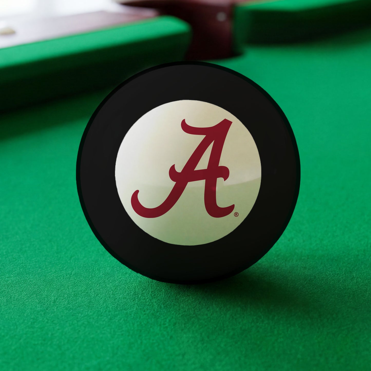 Official Alabama-Crimson-Tide-Pool-8-Ball Collegiate 8-Ball Lined Up on Green Felt Pool Table Surface with Billiard Ball Rack