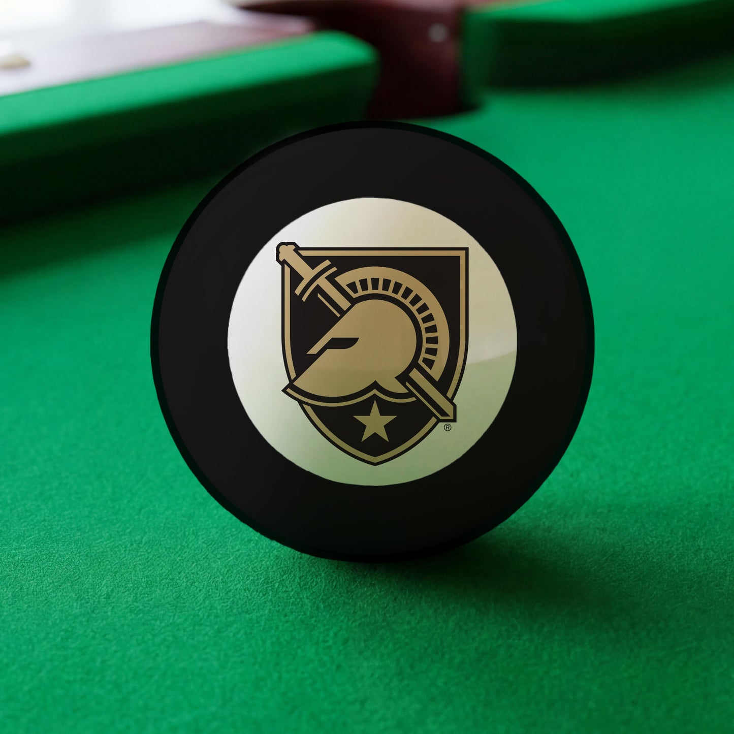 Official Army-Black-Knights-Pool-8-Ball Collegiate 8-Ball Lined Up on Green Felt Pool Table Surface with Billiard Ball Rack