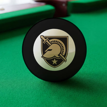 Official Army-Black-Knights-Pool-8-Ball Collegiate 8-Ball Lined Up on Green Felt Pool Table Surface with Billiard Ball Rack