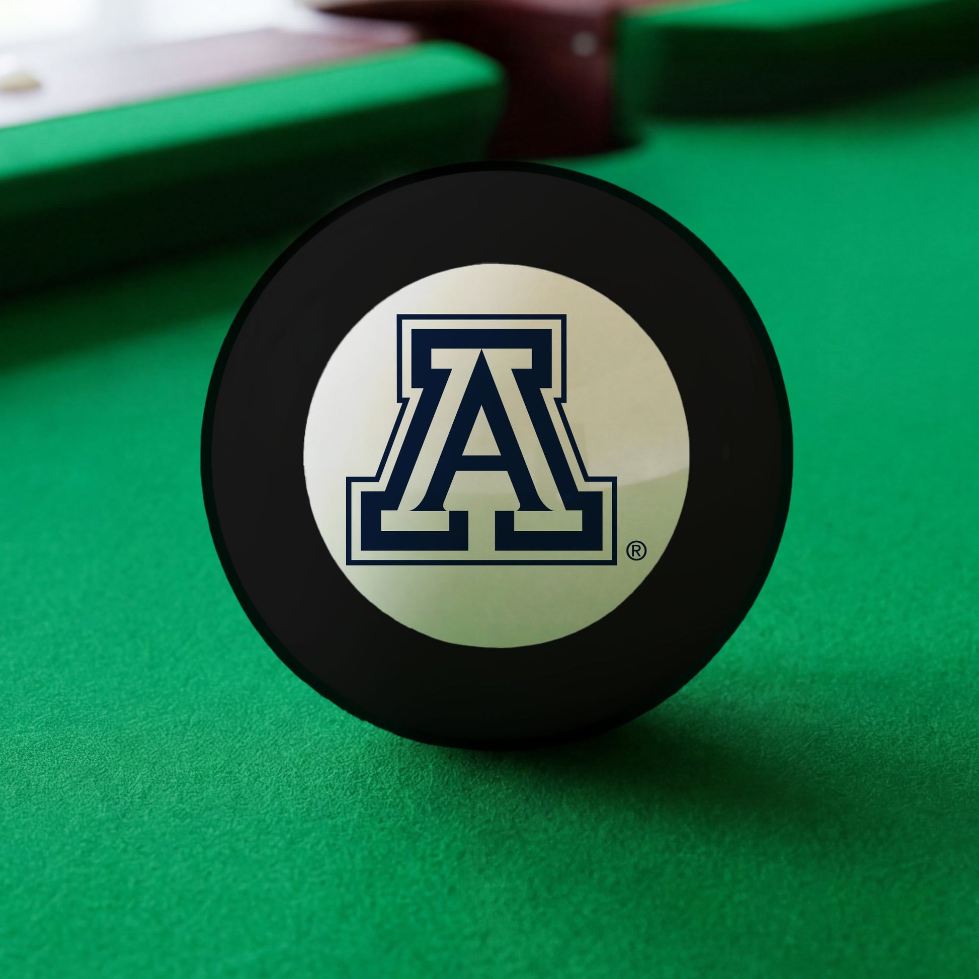 Official Arizona-Wildcats-Pool-8-Ball Collegiate 8-Ball Lined Up on Green Felt Pool Table Surface with Billiard Ball Rack