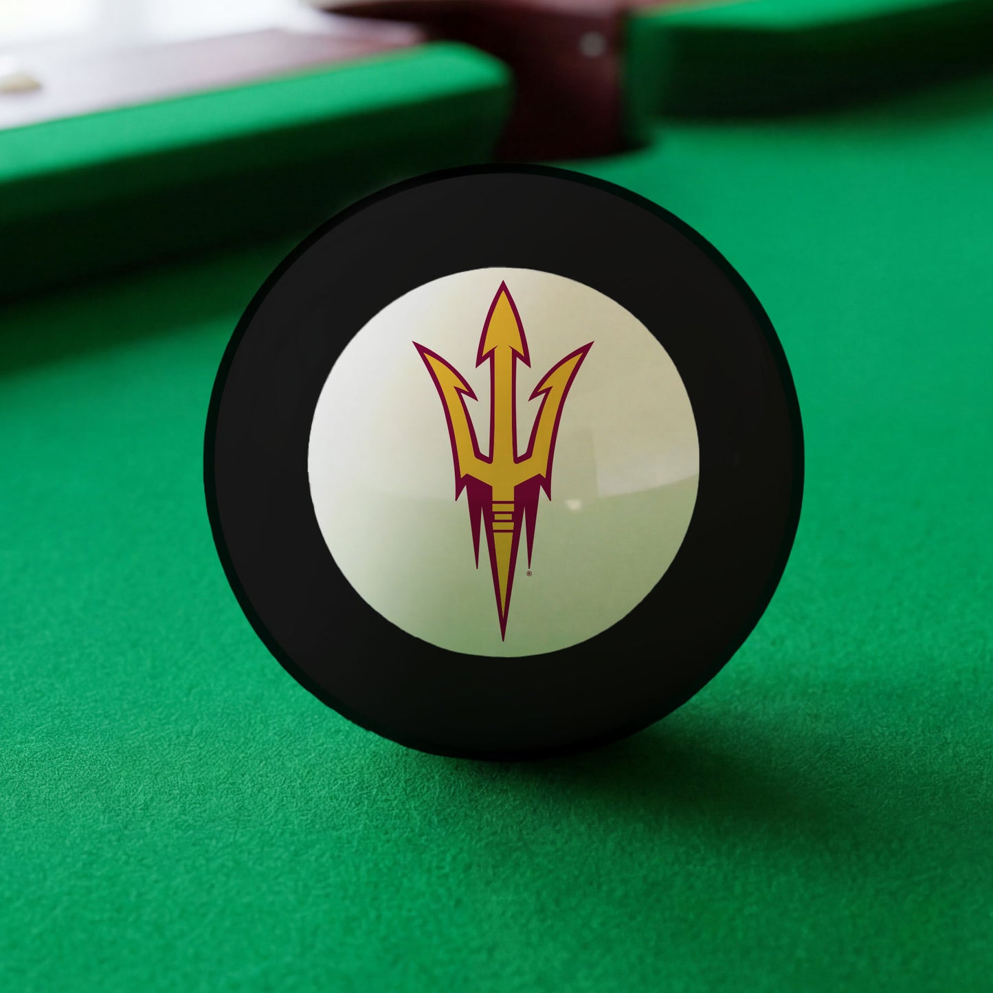 Official Arizona-State-Sun-Devils-Pool-8-Ball Collegiate 8-Ball Lined Up on Green Felt Pool Table Surface with Billiard Ball Rack