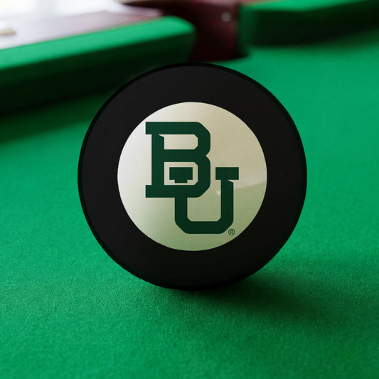 Official Baylor-Bears-Pool-8-Ball Collegiate 8-Ball Lined Up on Green Felt Pool Table Surface with Billiard Ball Rack