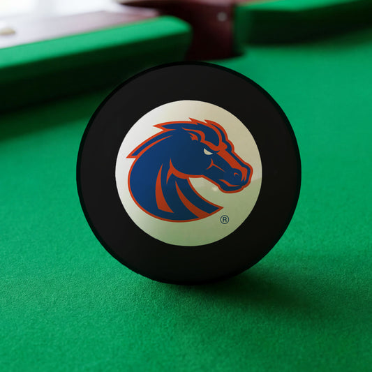 Official Boise-State-Broncos-Pool-8-Ball Collegiate 8-Ball Lined Up on Green Felt Pool Table Surface with Billiard Ball Rack