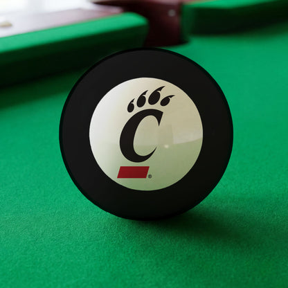 Official Cincinnati-Bearcats-Pool-8-Ball Collegiate 8-Ball Lined Up on Green Felt Pool Table Surface with Billiard Ball Rack