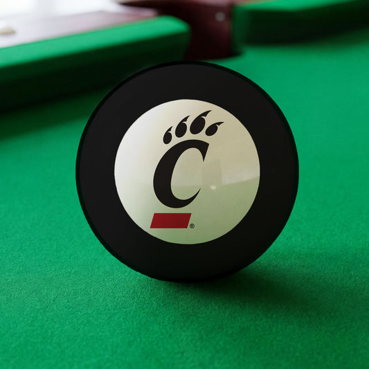 Official Cincinnati-Bearcats-Pool-8-Ball Collegiate 8-Ball Lined Up on Green Felt Pool Table Surface with Billiard Ball Rack