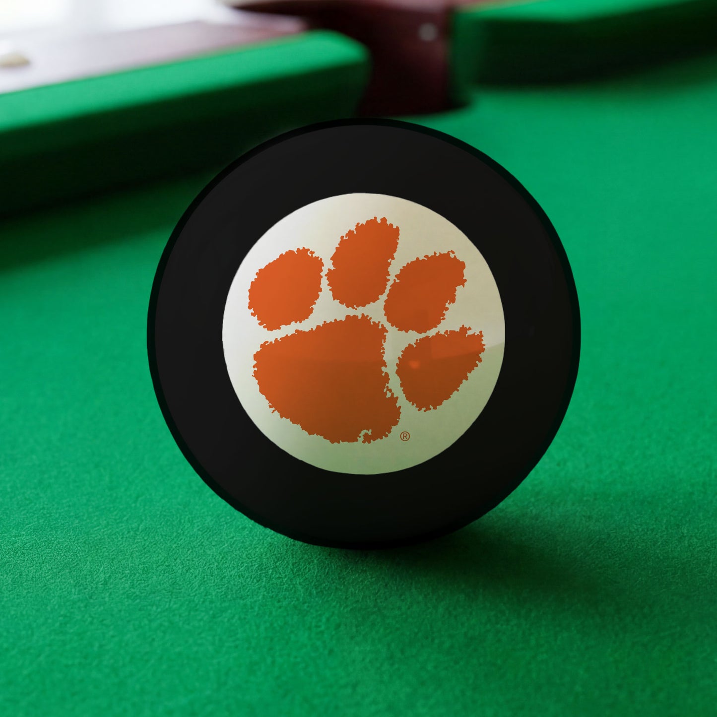 Official Clemson-Tigers-Pool-8-Ball Collegiate 8-Ball Lined Up on Green Felt Pool Table Surface with Billiard Ball Rack