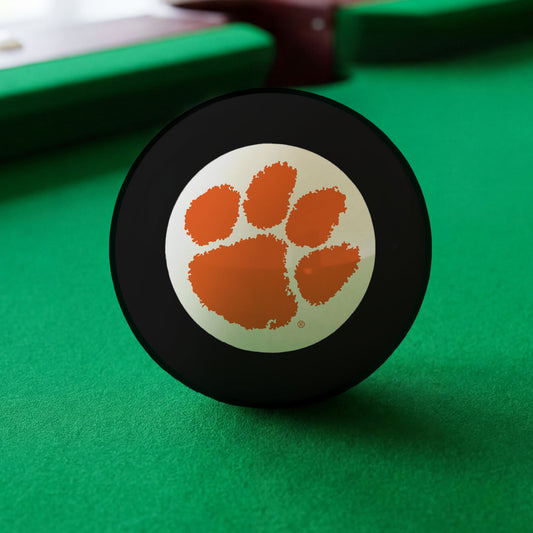Official Clemson-Tigers-Pool-8-Ball Collegiate 8-Ball Lined Up on Green Felt Pool Table Surface with Billiard Ball Rack