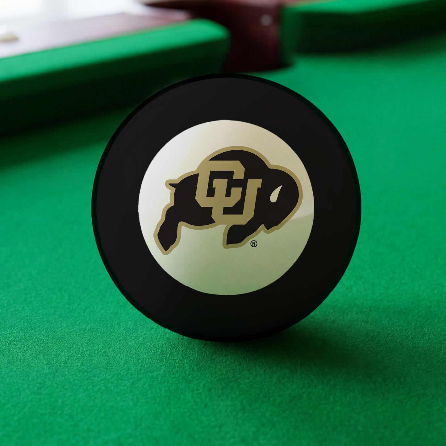 Official Colorado-Buffaloes-Pool-8-Ball Collegiate 8-Ball Lined Up on Green Felt Pool Table Surface with Billiard Ball Rack