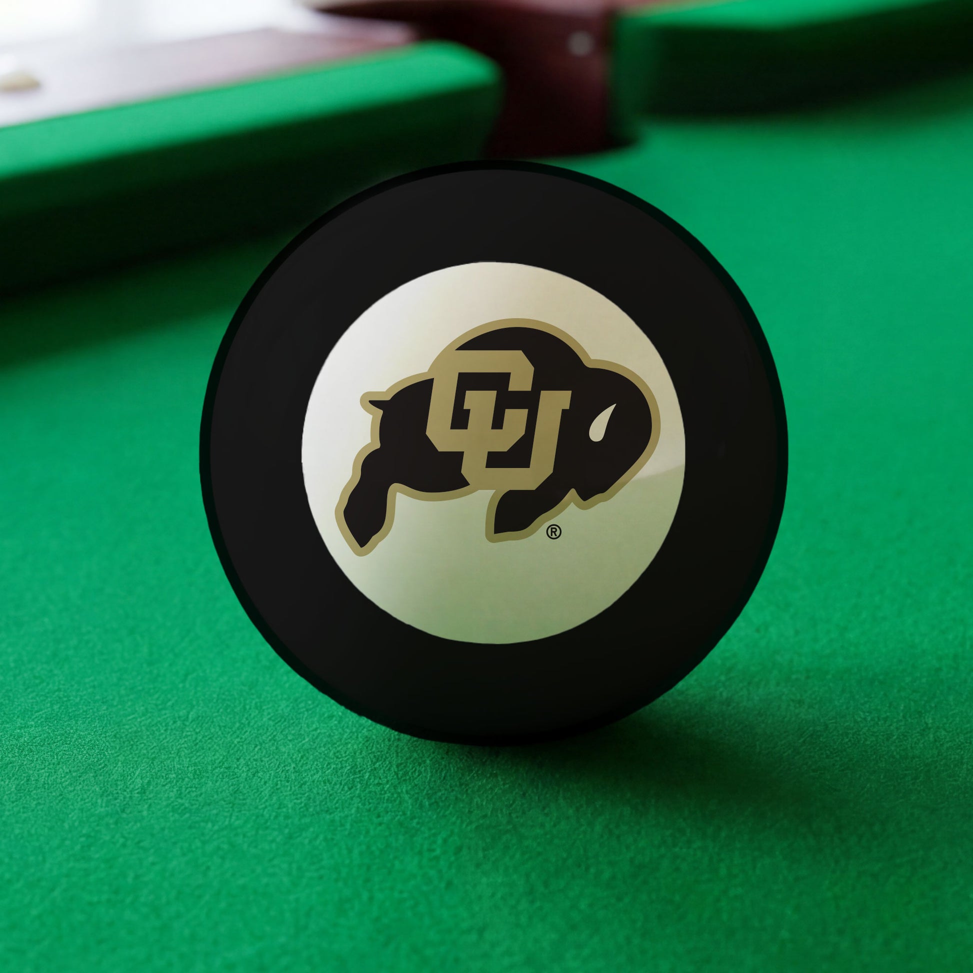 Official Colorado-Buffaloes-Pool-8-Ball Collegiate 8-Ball Lined Up on Green Felt Pool Table Surface with Billiard Ball Rack