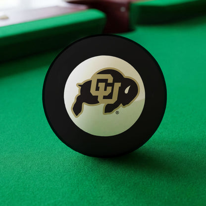 Official Colorado-Buffaloes-Pool-8-Ball Collegiate 8-Ball Lined Up on Green Felt Pool Table Surface with Billiard Ball Rack