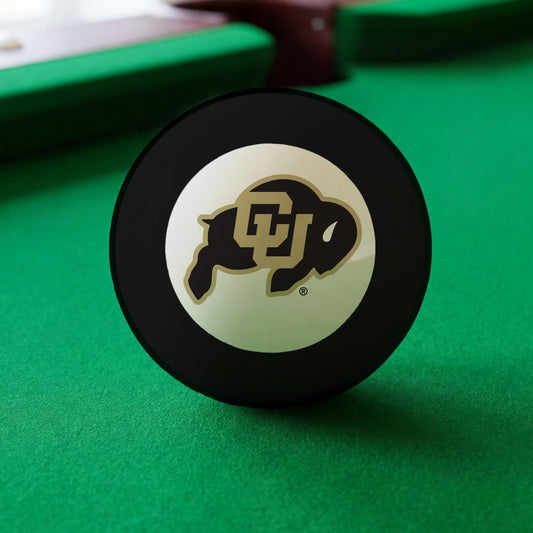 Official Colorado-Buffaloes-Pool-8-Ball Collegiate 8-Ball Lined Up on Green Felt Pool Table Surface with Billiard Ball Rack