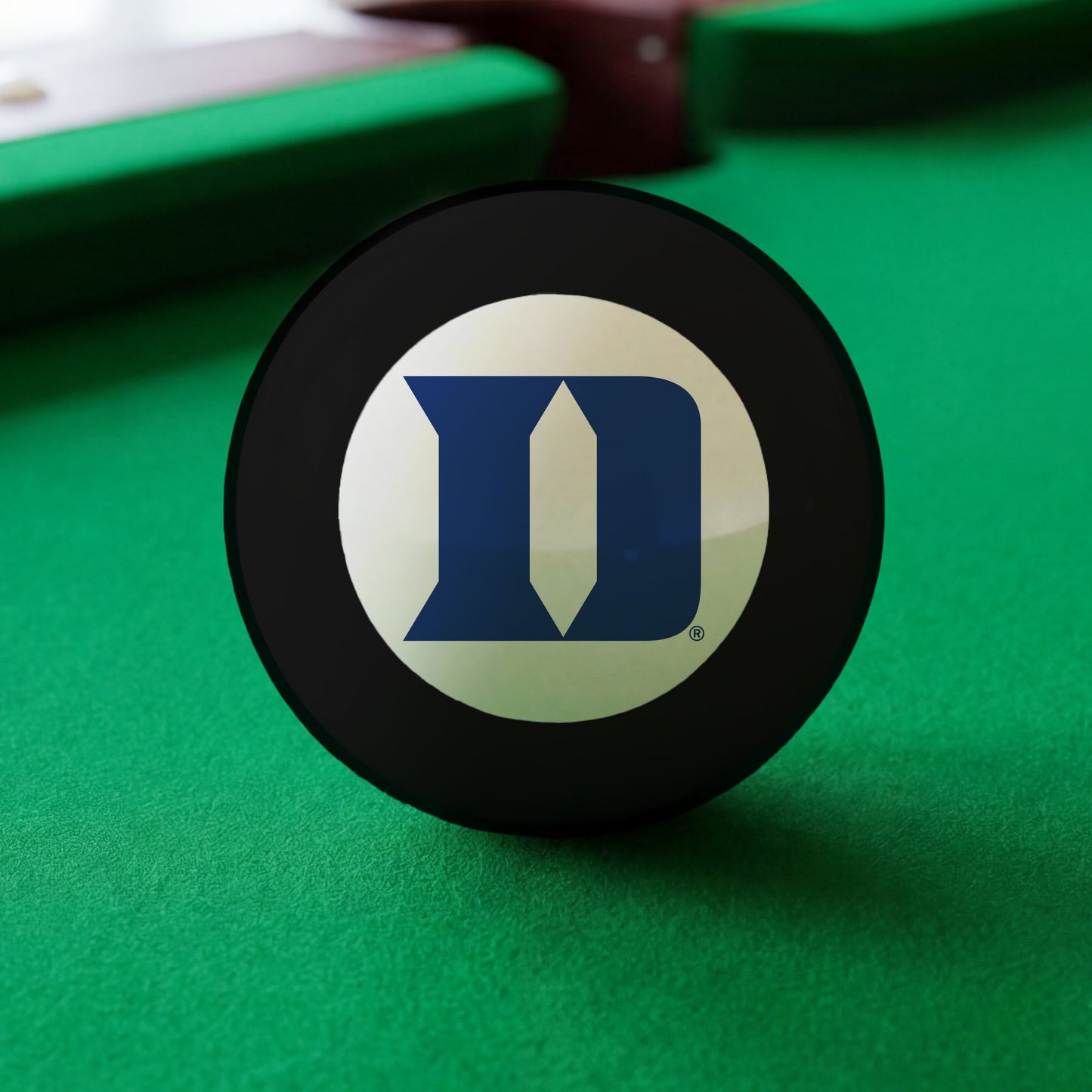 Official Duke-Blue-Devils-Pool-8-Ball Collegiate 8-Ball Lined Up on Green Felt Pool Table Surface with Billiard Ball Rack