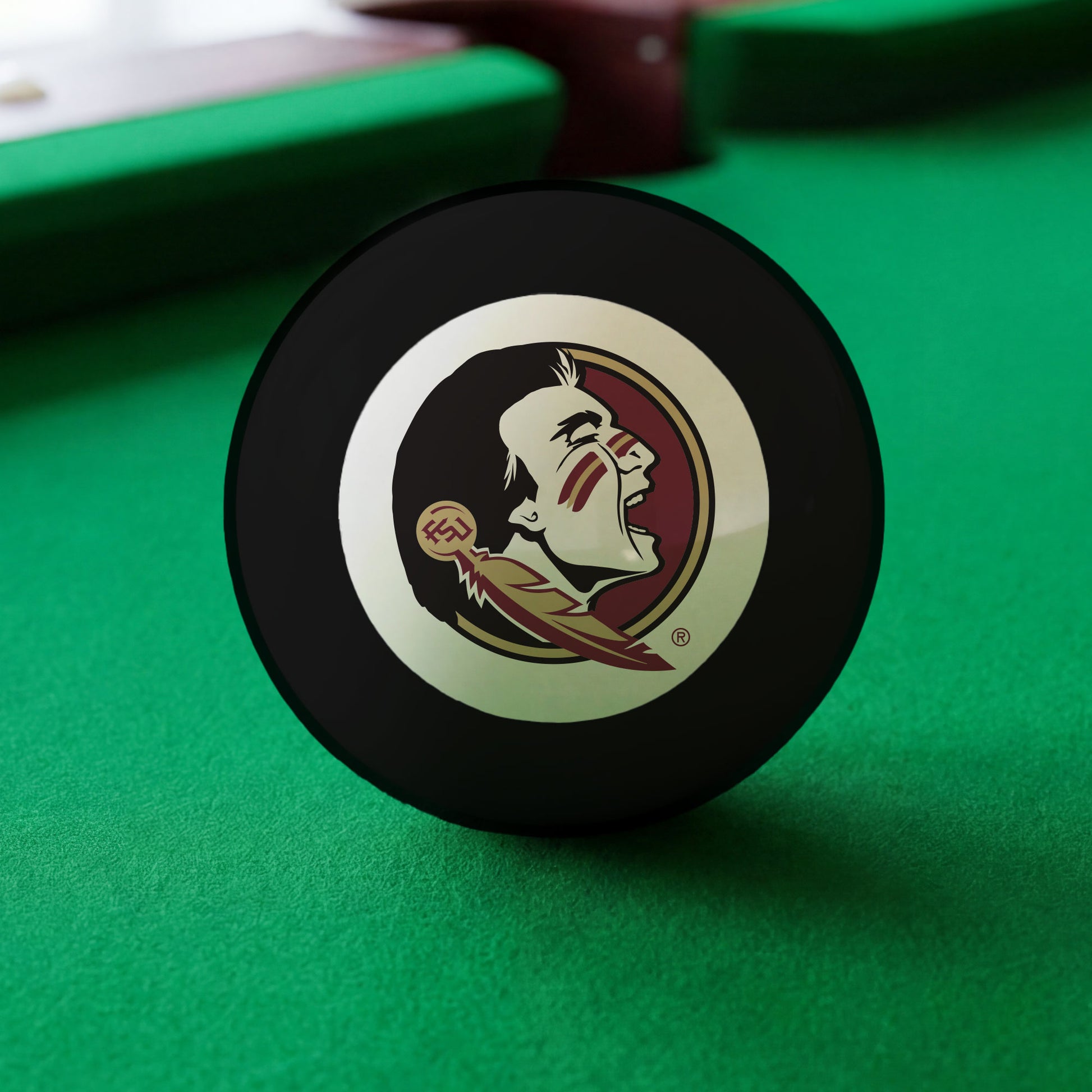 Official Florida-State-Seminoles-Pool-8-Ball Collegiate 8-Ball Lined Up on Green Felt Pool Table Surface with Billiard Ball Rack