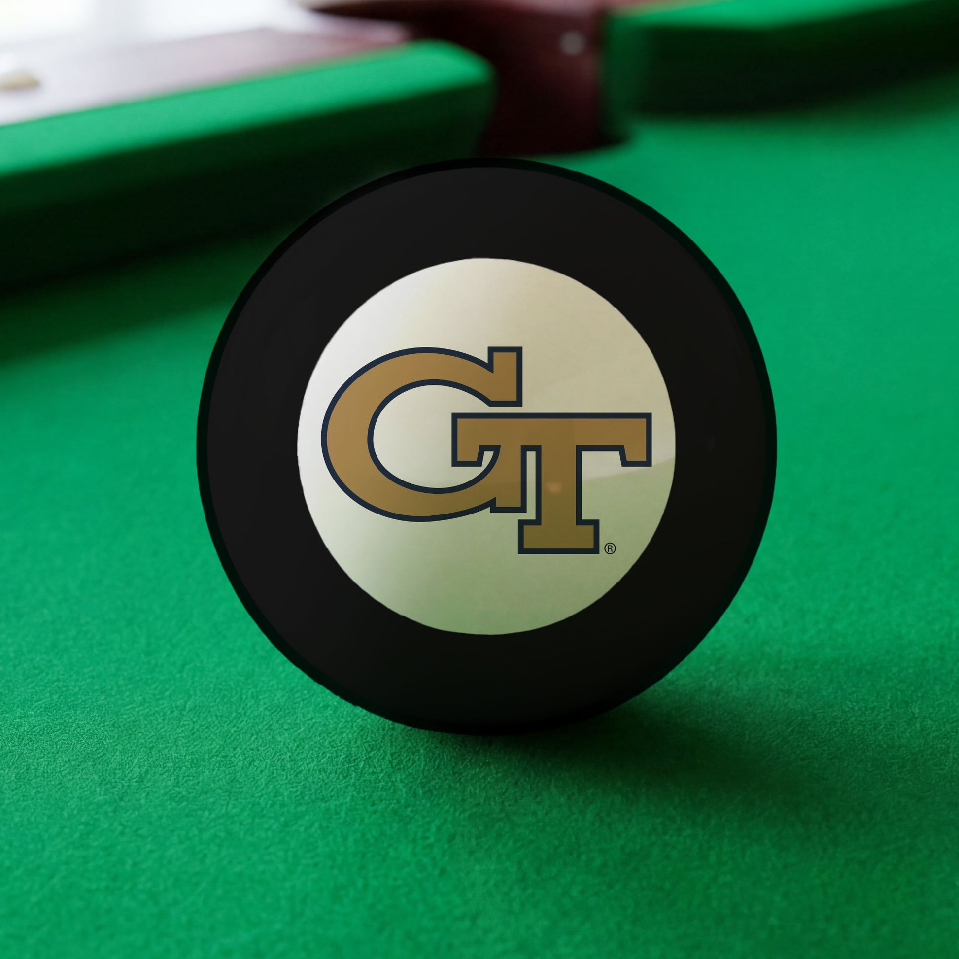 Official Georgia-Tech-Yellow-Jackets-Pool-8-Ball Collegiate 8-Ball Lined Up on Green Felt Pool Table Surface with Billiard Ball Rack