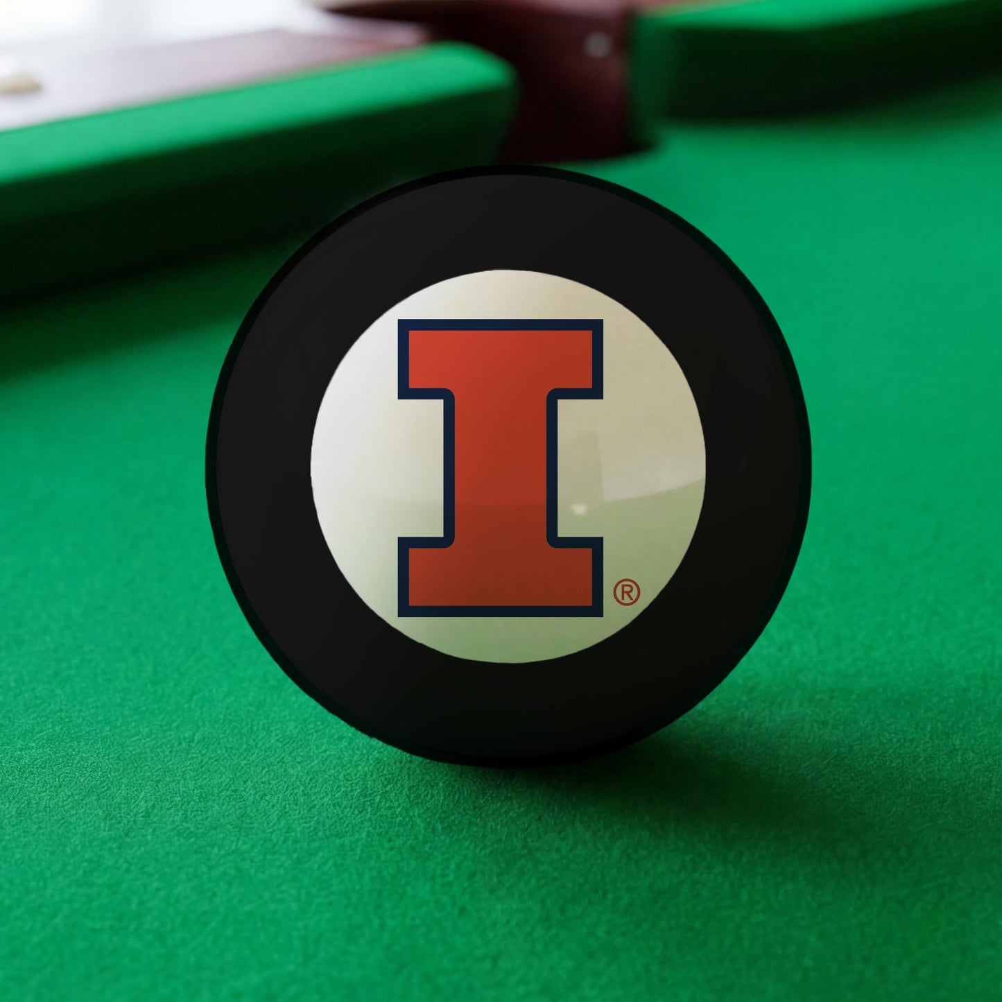 Official Illinois-Fighting-Illini-Pool-8-Ball Collegiate 8-Ball Lined Up on Green Felt Pool Table Surface with Billiard Ball Rack