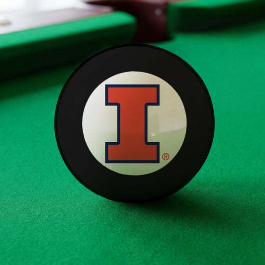 Official Illinois-Fighting-Illini-Pool-8-Ball Collegiate 8-Ball Lined Up on Green Felt Pool Table Surface with Billiard Ball Rack