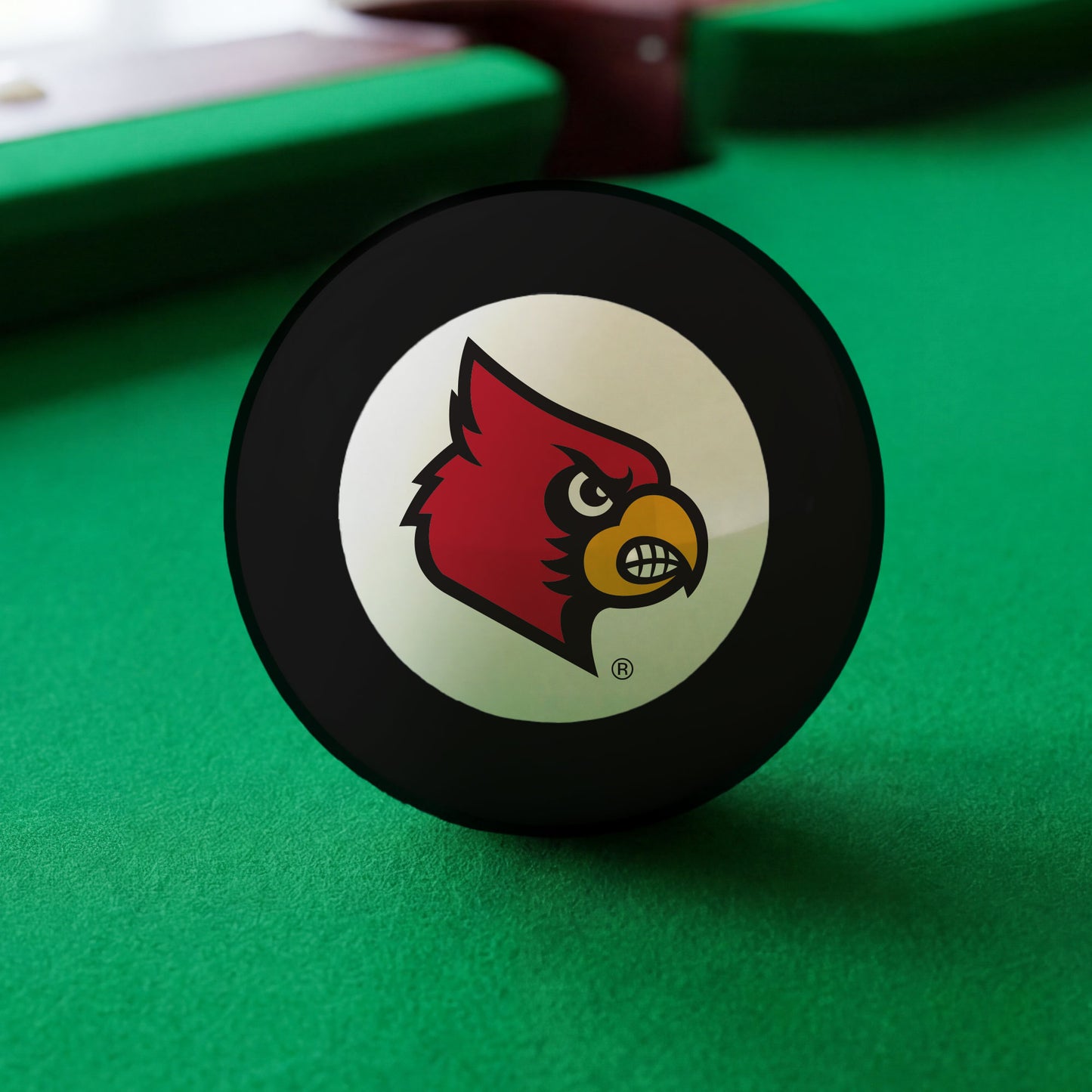 Official Louisville-Cardinals-Pool-8-Ball Collegiate 8-Ball Lined Up on Green Felt Pool Table Surface with Billiard Ball Rack