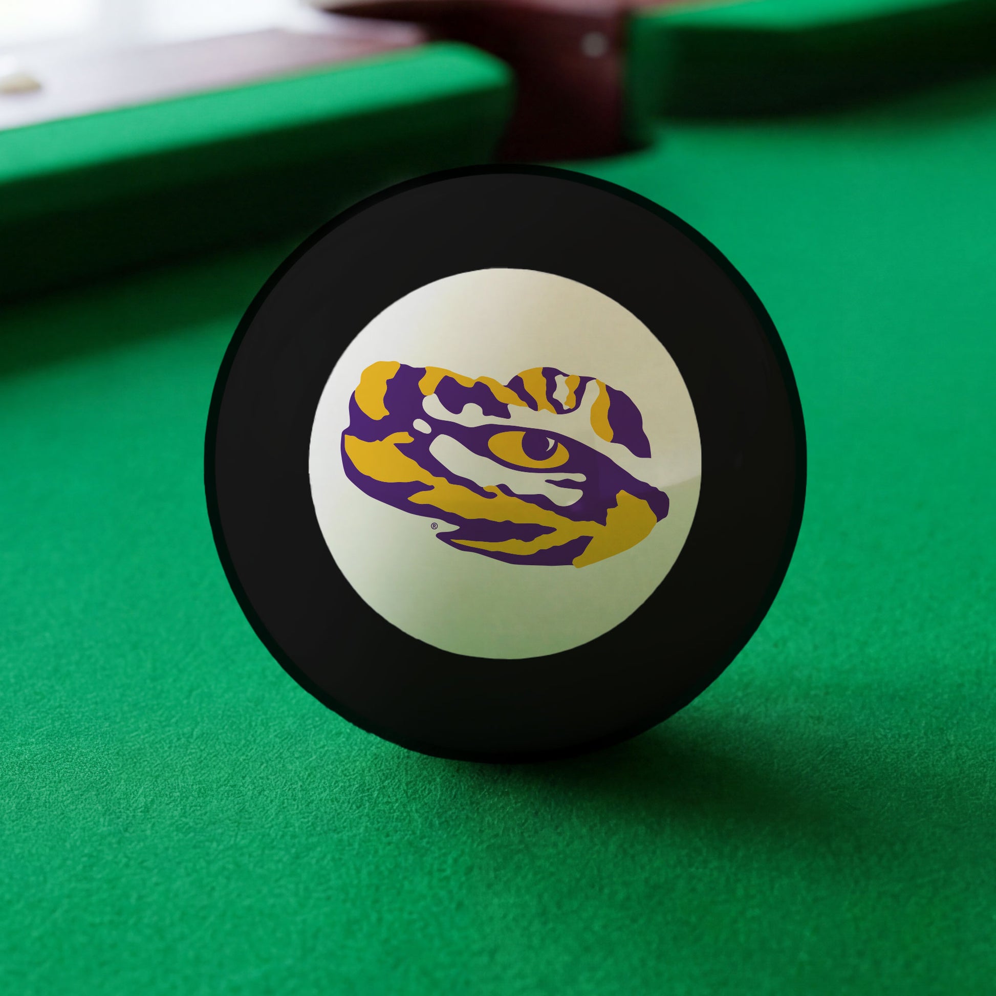 Official Lsu-Tigers-Pool-8-Ball Collegiate 8-Ball Lined Up on Green Felt Pool Table Surface with Billiard Ball Rack