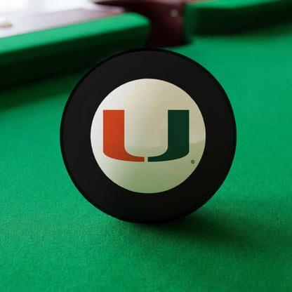 Official Miami-Hurricanes-Pool-8-Ball Collegiate 8-Ball Lined Up on Green Felt Pool Table Surface with Billiard Ball Rack