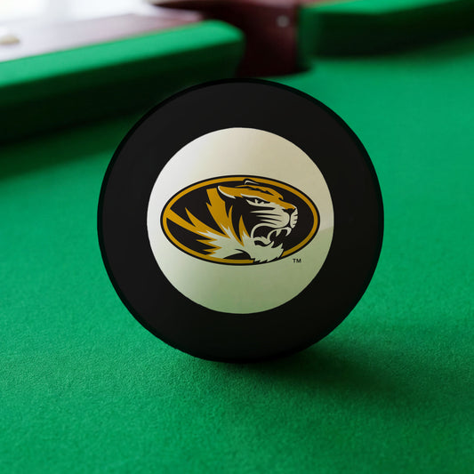 Official Missouri-Tigers-Pool-8-Ball Collegiate 8-Ball Lined Up on Green Felt Pool Table Surface with Billiard Ball Rack