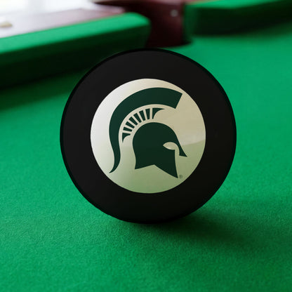 Official Michigan-State-Spartans-Pool-8-Ball Collegiate 8-Ball Lined Up on Green Felt Pool Table Surface with Billiard Ball Rack
