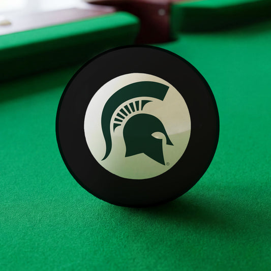 Official Michigan-State-Spartans-Pool-8-Ball Collegiate 8-Ball Lined Up on Green Felt Pool Table Surface with Billiard Ball Rack