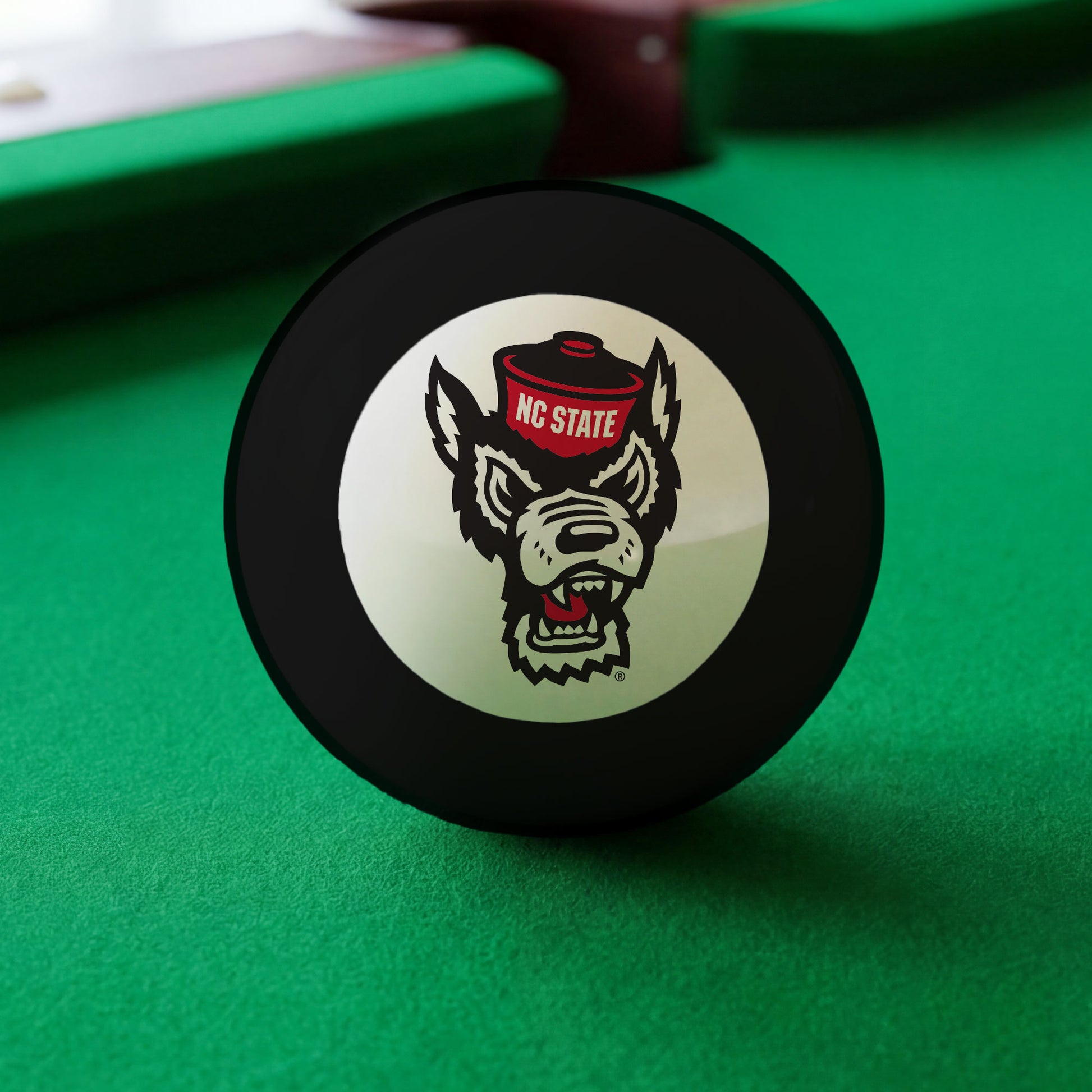 Official Nc-State-Wolfpack-Pool-8-Ball Collegiate 8-Ball Lined Up on Green Felt Pool Table Surface with Billiard Ball Rack