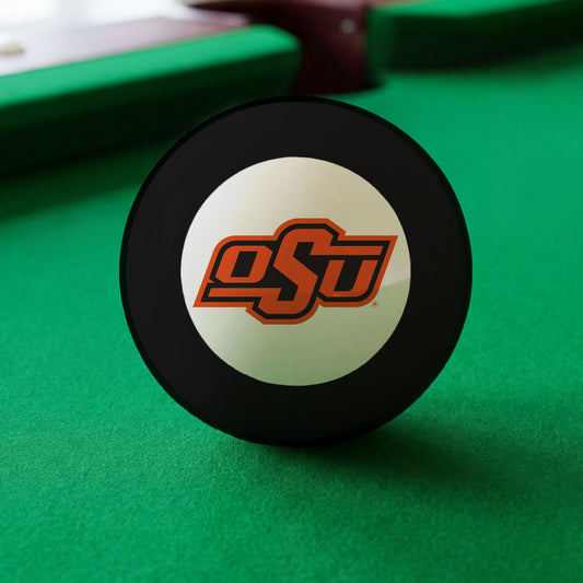 Official Oklahoma-State-Cowboys-Pool-8-Ball Collegiate 8-Ball Lined Up on Green Felt Pool Table Surface with Billiard Ball Rack