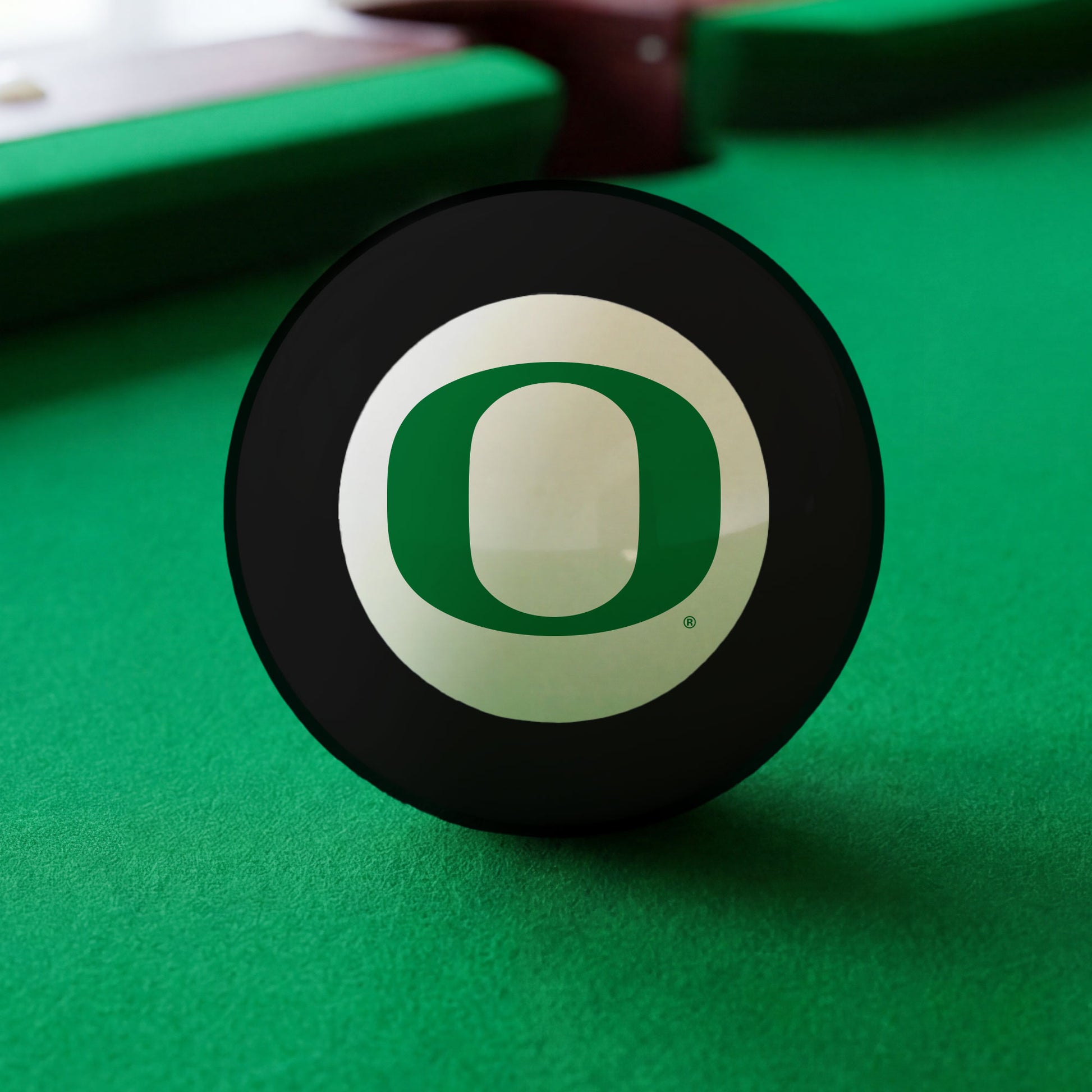 Official Oregon-Ducks-Pool-8-Ball Collegiate 8-Ball Lined Up on Green Felt Pool Table Surface with Billiard Ball Rack