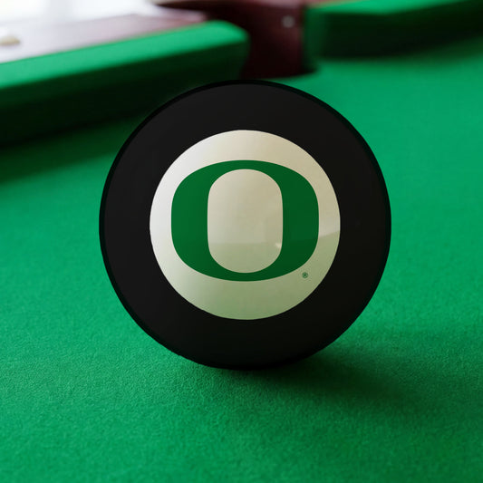 Official Oregon-Ducks-Pool-8-Ball Collegiate 8-Ball Lined Up on Green Felt Pool Table Surface with Billiard Ball Rack