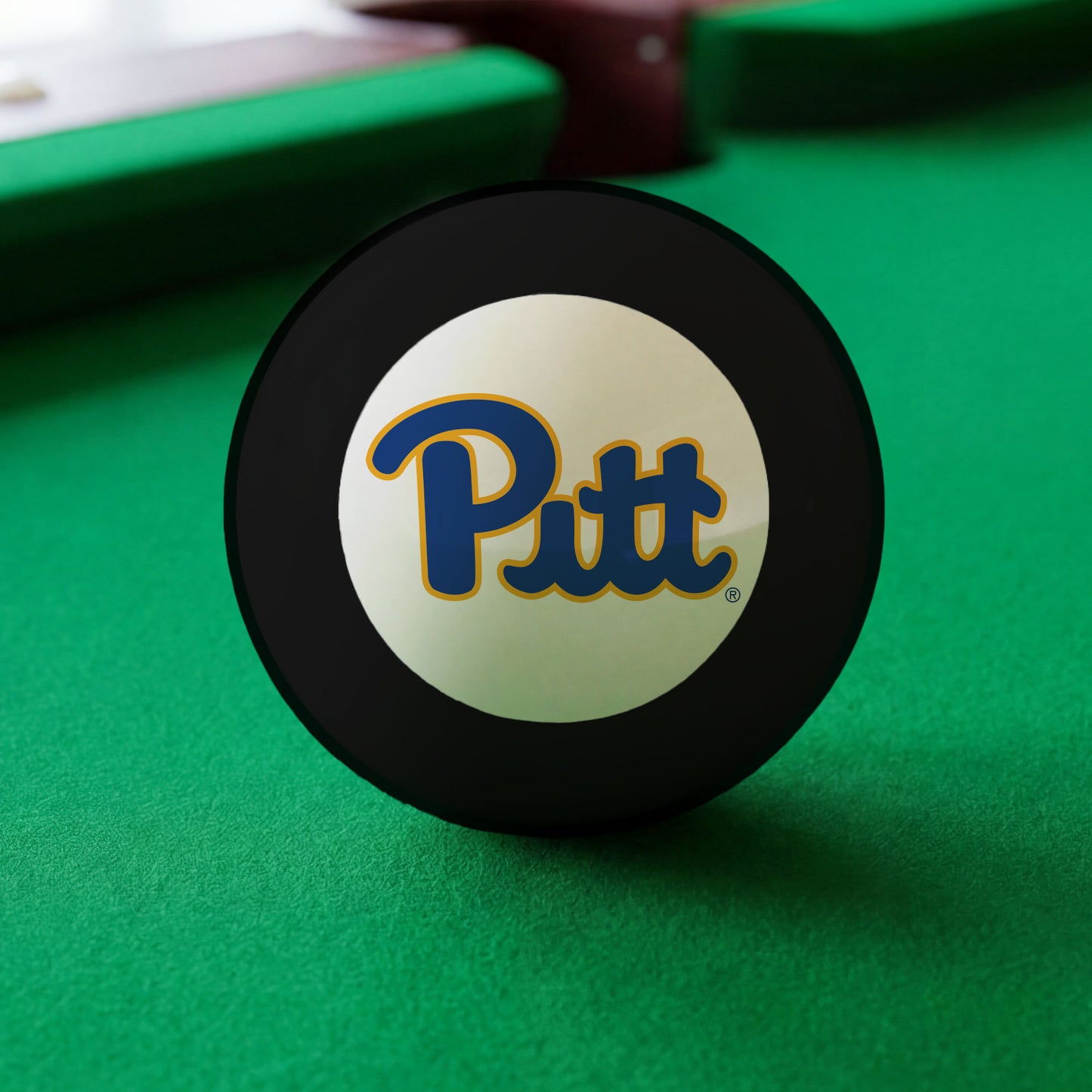 Official Pittsburgh-Panthers-Pool-8-Ball Collegiate 8-Ball Lined Up on Green Felt Pool Table Surface with Billiard Ball Rack