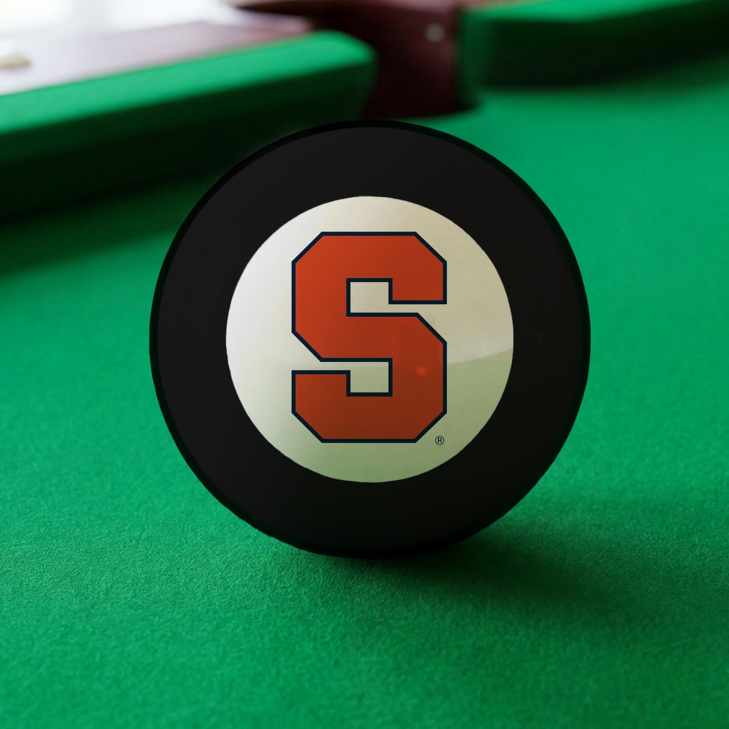 Official Syracuse-Orange-Pool-8-Ball Collegiate 8-Ball Lined Up on Green Felt Pool Table Surface with Billiard Ball Rack