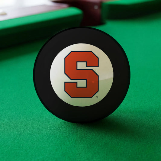 Official Syracuse-Orange-Pool-8-Ball Collegiate 8-Ball Lined Up on Green Felt Pool Table Surface with Billiard Ball Rack