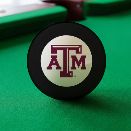 Official Texas-Am-Aggies-Pool-8-Ball Collegiate 8-Ball Lined Up on Green Felt Pool Table Surface with Billiard Ball Rack