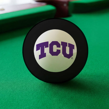 Official Tcu-Horned-Frogs-Pool-8-Ball Collegiate 8-Ball Lined Up on Green Felt Pool Table Surface with Billiard Ball Rack