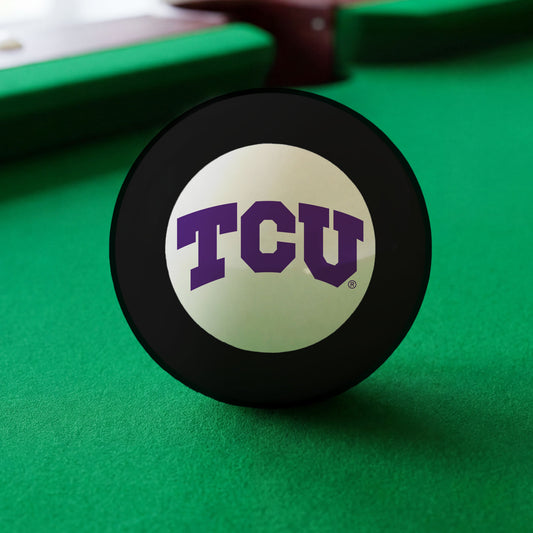 Official Tcu-Horned-Frogs-Pool-8-Ball Collegiate 8-Ball Lined Up on Green Felt Pool Table Surface with Billiard Ball Rack