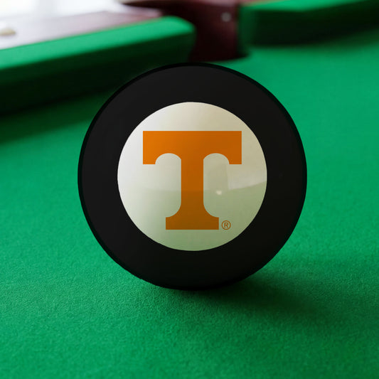 Official Tennessee-Volunteers-Pool-8-Ball Collegiate 8-Ball Lined Up on Green Felt Pool Table Surface with Billiard Ball Rack