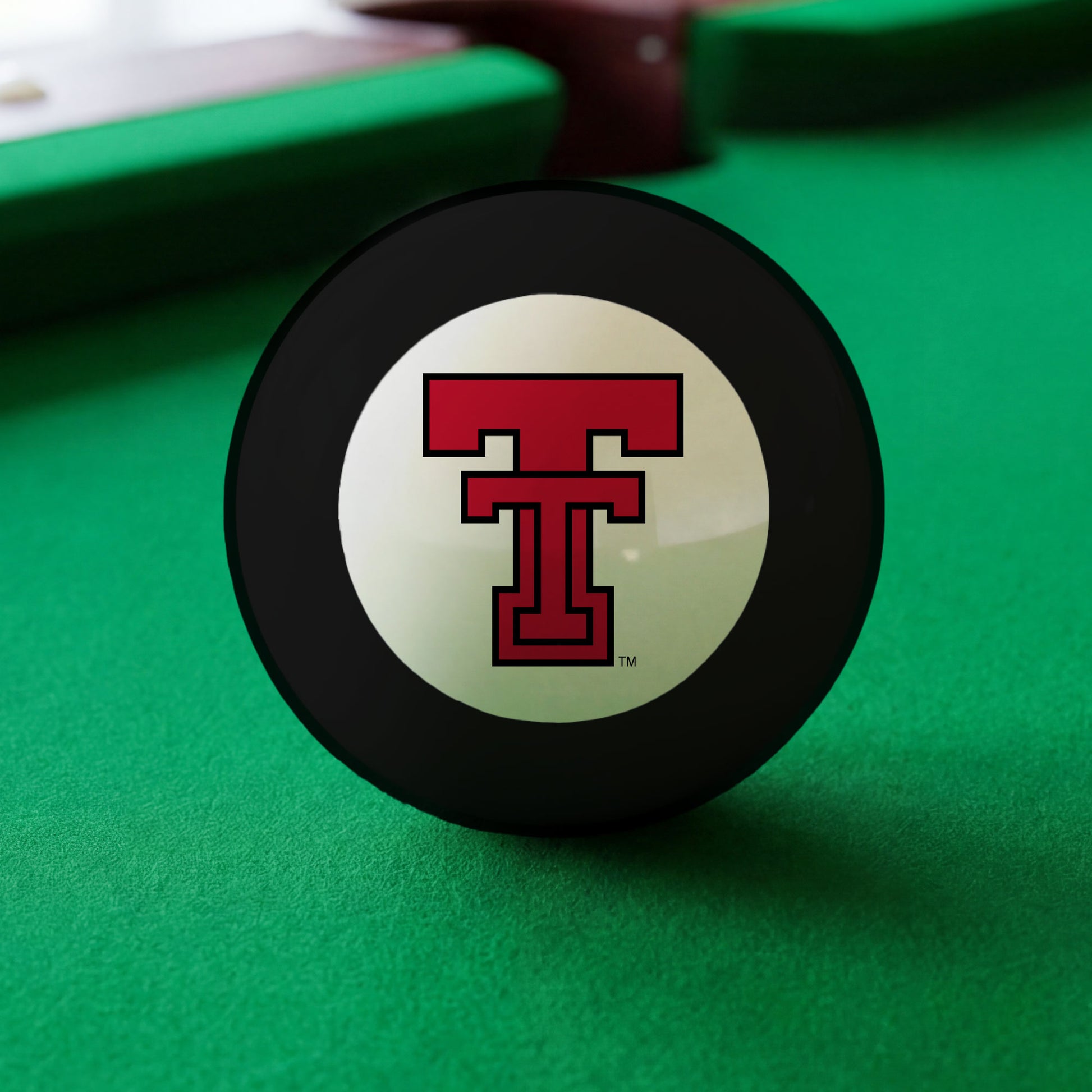 Official Texas-Tech-Red-Raiders-Pool-8-Ball Collegiate 8-Ball Lined Up on Green Felt Pool Table Surface with Billiard Ball Rack