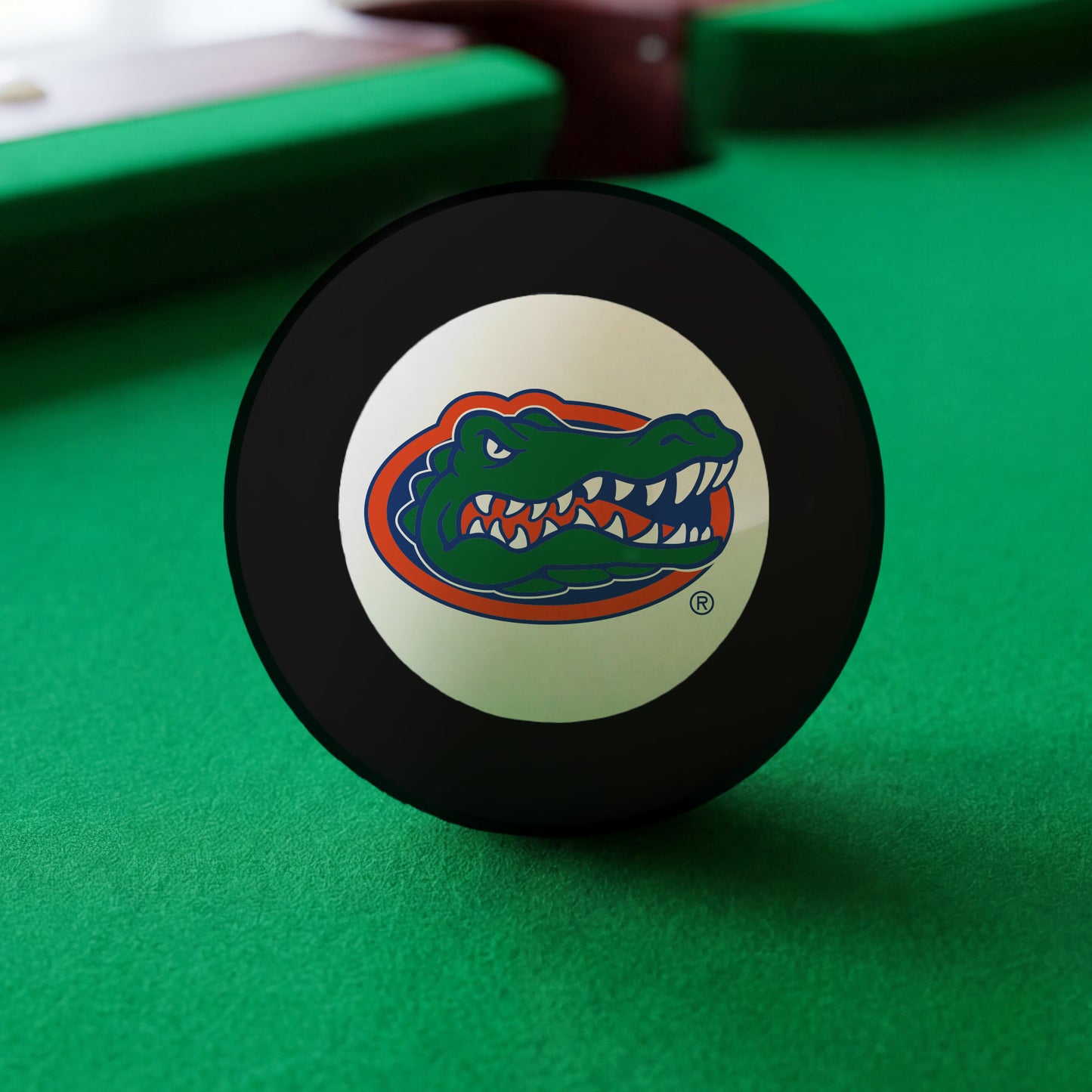 Official Florida-Gators-Pool-8-Ball Collegiate 8-Ball Lined Up on Green Felt Pool Table Surface with Billiard Ball Rack